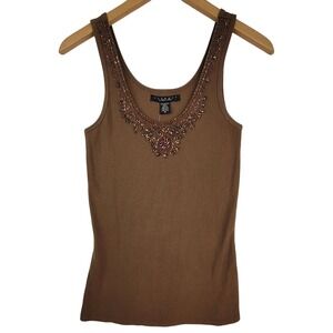 NWT Laundry Shelli Segal Beaded Neckline Brown Tank Top Vintage Size Medium